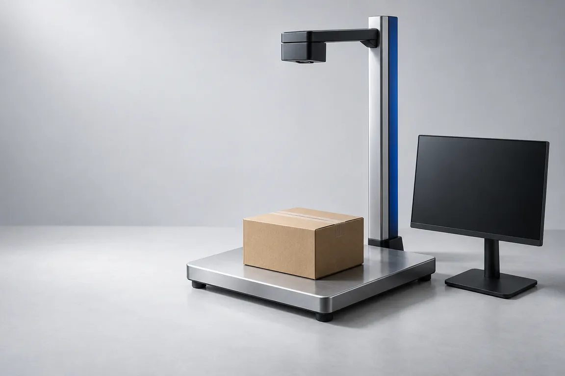 A parcel capture station: a cardboard box on a flat platform beneath a camera mounted on an upright post, with a screen beside it.